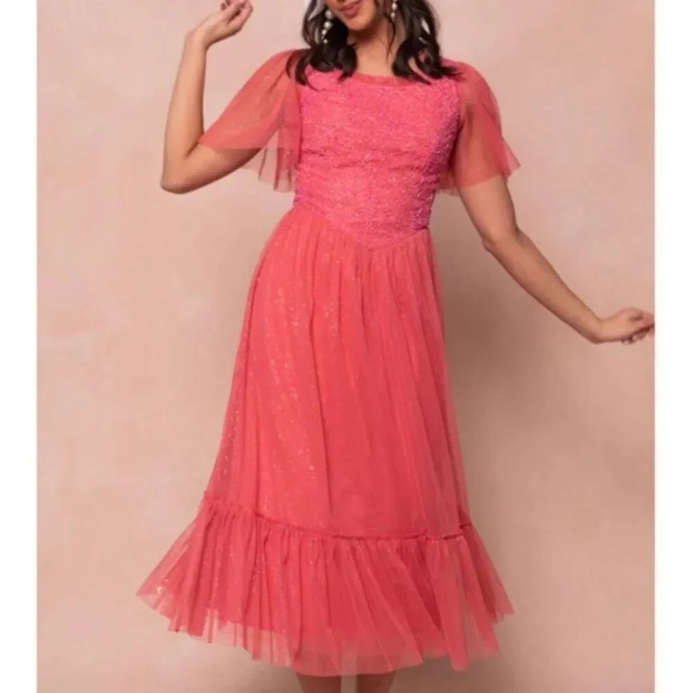 Ivy City Co Dulce Dress Pink Tulle Beaded Flutter Sleeve Formal Size 00 NWT